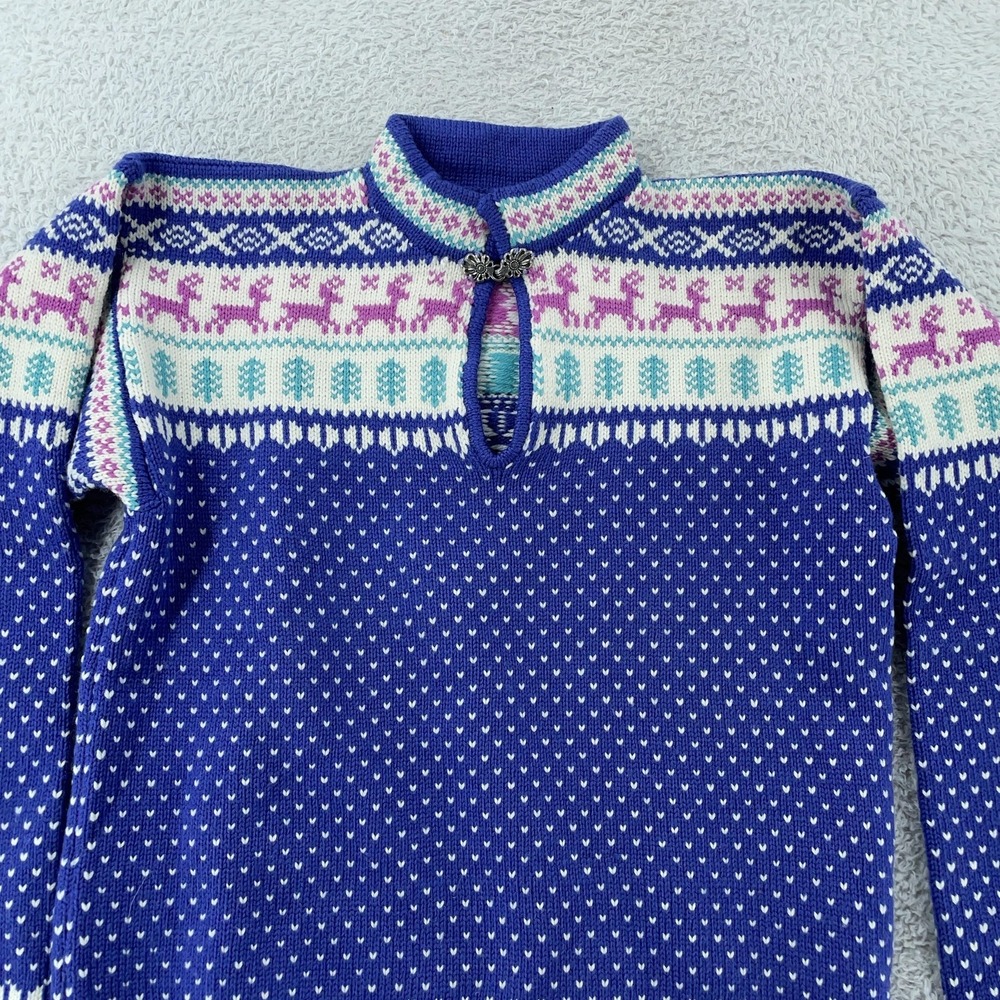Stowe Woolens Nordic Sweater Womens Small Blue Reindeer Pewter Clasp Made USA